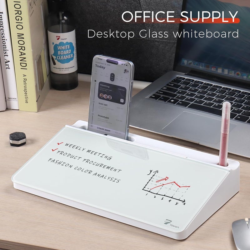 TOWON Small Compact Glass Desktop Whiteboard with Storage – 12 x 7 in Dry Erase Board for Desk, Home Office, School | Includes 5 Markers, Eraser & Holder | Space-Saving Organizer, Aesthetic White - Image 2